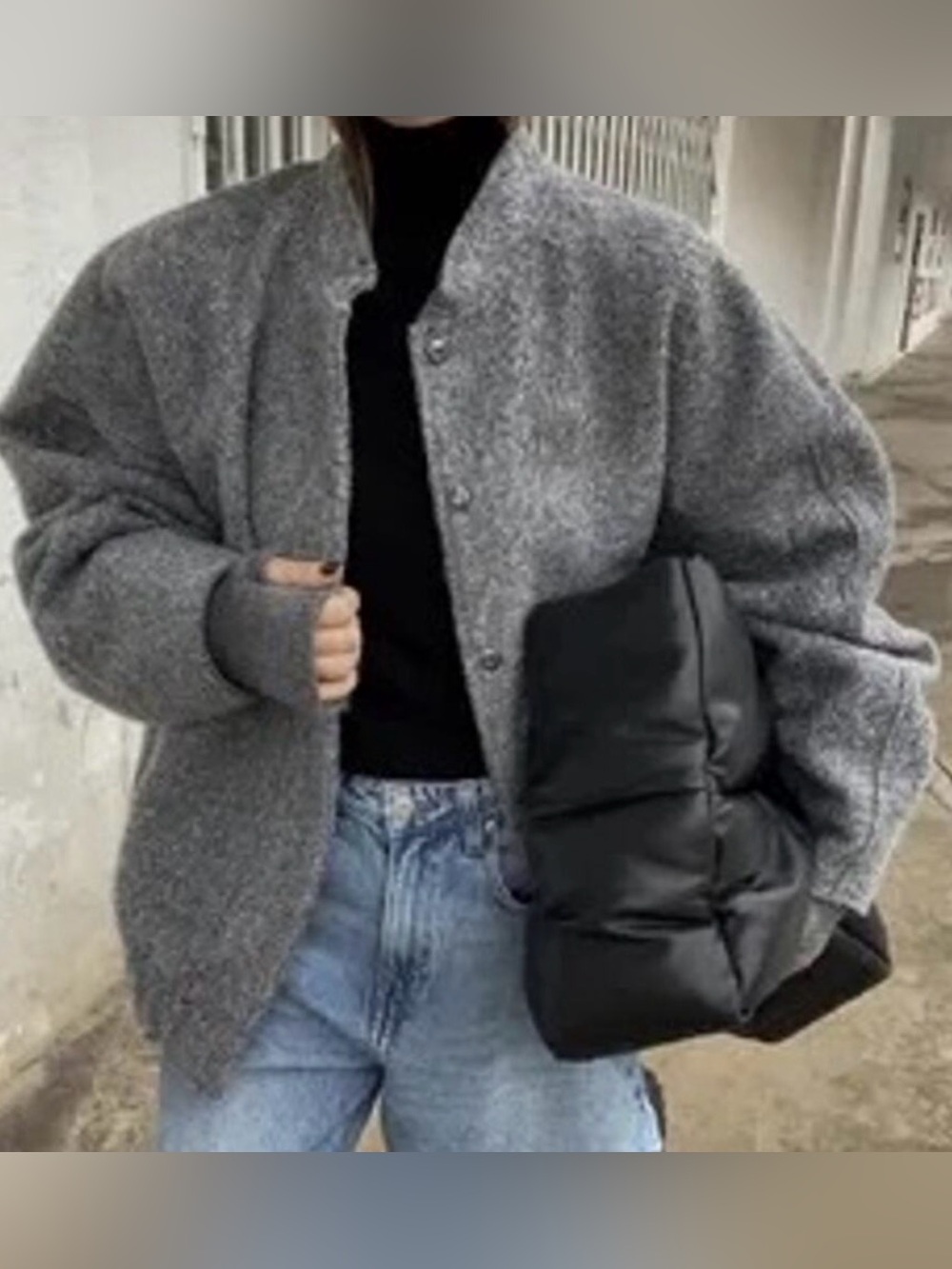 Zara Textured Oversized Bomber Jacket Light Grey